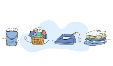 Çamaşır seti. Giysiler, ütü ve su. Devamlı çizgi biçiminde modern düz.