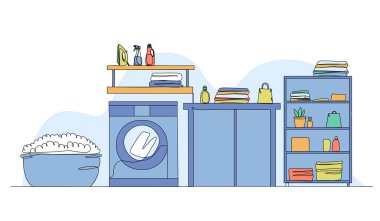 Çamaşır odası fikirlerinin temsili. Devamlı çizgi biçiminde modern düz.