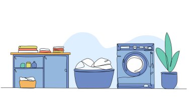 Çamaşır odası fikirlerinin temsili. Devamlı çizgi biçiminde modern düz.