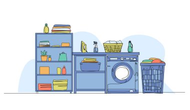 Çamaşır odası fikirlerinin temsili. Devamlı çizgi biçiminde modern düz.