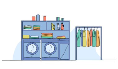Çamaşır odası fikirlerinin temsili. Devamlı çizgi biçiminde modern düz.