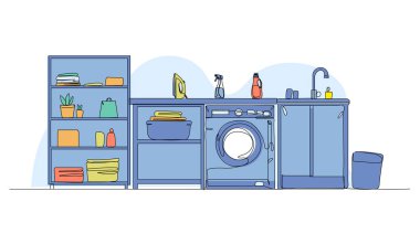 Çamaşır odası fikirlerinin temsili. Devamlı çizgi biçiminde modern düz.