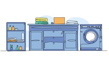 Çamaşır odası fikirlerinin temsili. Devamlı çizgi biçiminde modern düz.