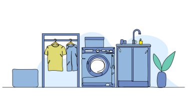 Çamaşır odası fikirlerinin temsili. Devamlı çizgi biçiminde modern düz.