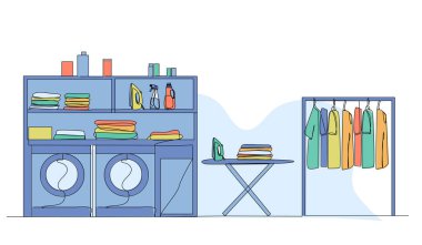 Çamaşır odası fikirlerinin temsili. Devamlı çizgi biçiminde modern düz.