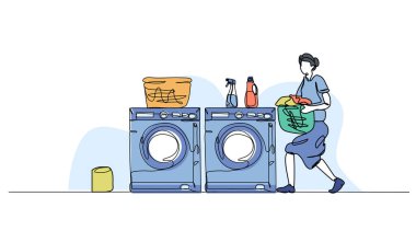 Çamaşır etkinliğinin vektör çizimi çalışıyor. Devamlı çizgi biçiminde modern düz.