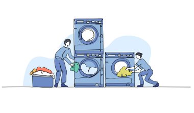 Çamaşır etkinliğinin vektör çizimi çalışıyor. Devamlı çizgi biçiminde modern düz.