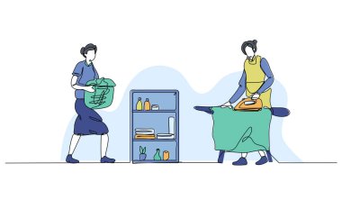 Çamaşır etkinliğinin vektör çizimi çalışıyor. Devamlı çizgi biçiminde modern düz.