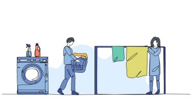 Çamaşır etkinliğinin vektör çizimi çalışıyor. Devamlı çizgi biçiminde modern düz.