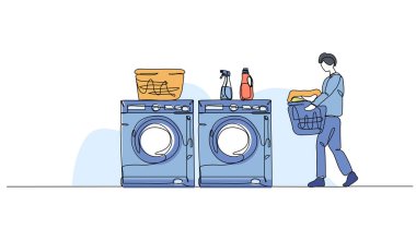 Çamaşır etkinliğinin vektör çizimi çalışıyor. Devamlı çizgi biçiminde modern düz.