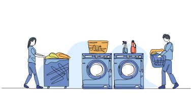 Çamaşır etkinliğinin vektör çizimi çalışıyor. Devamlı çizgi biçiminde modern düz.