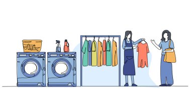 Çamaşır etkinliğinin vektör çizimi çalışıyor. Devamlı çizgi biçiminde modern düz.