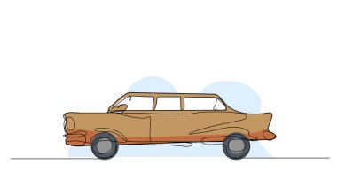 Eski bir arabanın vektör çizimi. Devamlı çizgi biçiminde modern düz.