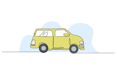 Sarı bir arabanın vektör çizimi. Devamlı çizgi biçiminde modern düz.