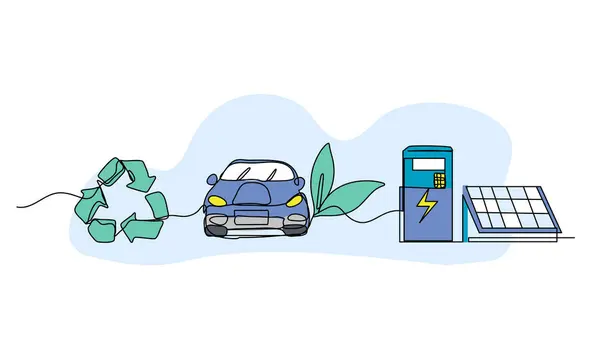 Çevre dostu ulaşım ve enerjinin vektör çizimi. Devamlı çizgi biçiminde modern düz.