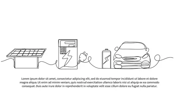 Güneş enerjisi ve elektrikli aracın sürekli dizaynı. Beyaz arkaplanda minimalist biçim vektör çizimi.