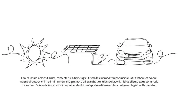 Elektrikli araba için sürekli güneş enerjisi dizaynı. Beyaz arkaplanda minimalist biçim vektör çizimi.