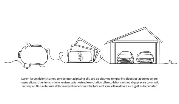Domuz kumbarası ve arabalarla finansal planlamanın sürekli bir dizaynı. Beyaz arkaplanda minimalist biçim vektör çizimi.