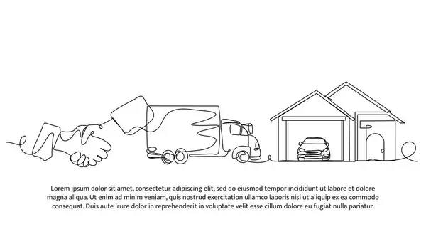 Sürekli el sıkışma ve evli teslimat kamyonu dizaynı. Beyaz arkaplanda minimalist biçim vektör çizimi.
