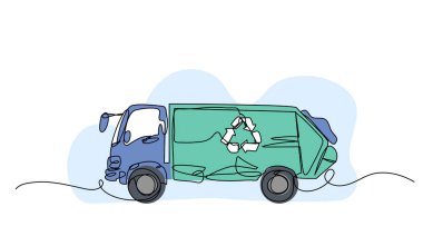 Geri dönüşüm kamyonunun vektör çizimi. Devamlı çizgi biçiminde modern düz.