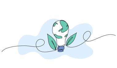 Yapraklı bir ampulün vektör çizimi. Devamlı çizgi biçiminde modern düz.