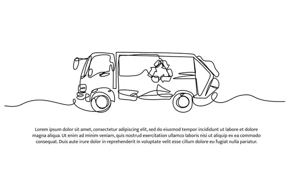 Geri dönüşüm kamyonunun sürekli dizaynı. Beyaz arkaplanda minimalist biçim vektör çizimi.