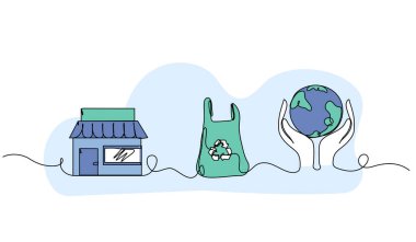 Sağlıklı toprak için ev atıklarının geri dönüşümünün vektör çizimi. Devamlı çizgi biçiminde modern düz.