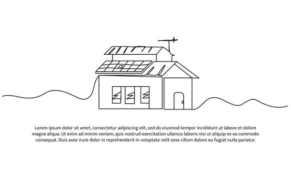 Güneş paneli olan bir evin sürekli dizaynı. Beyaz arkaplanda minimalist biçim vektör çizimi.