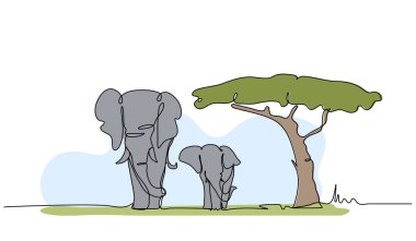 Ağacın altındaki fillerin vektör çizimi. Devamlı çizgi biçiminde modern düz.