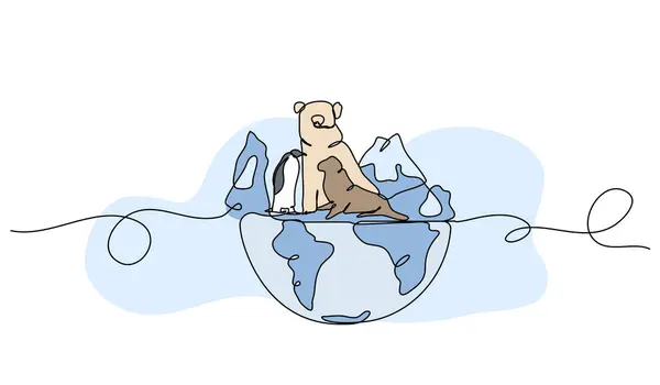 Bir kürenin üzerindeki hayvanların vektör çizimi. Devamlı çizgi biçiminde modern düz.