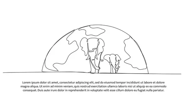 Dünyayla birlikte fillerin sürekli dizaynı. Beyaz arkaplanda minimalist biçim vektör çizimi.