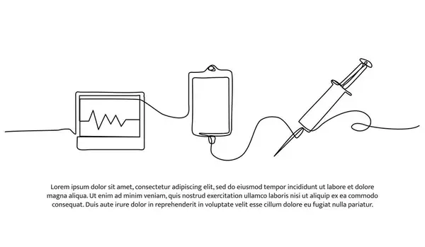 Tıbbi teçhizatın vektör çizimi, kalp, damlatıcı. Devamlı çizgi biçiminde modern düz.