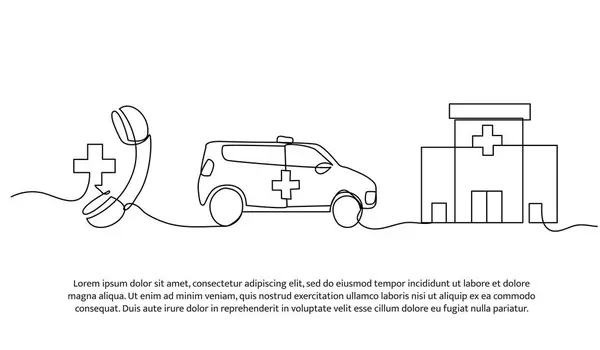 Hastaneye ambulans çağırmanın vektör çizimi. Devamlı çizgi biçiminde modern düz.