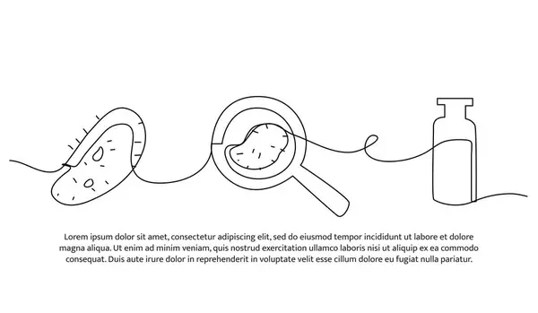 Büyüteç kullanan bakterilerin gözlemlenmesinin vektör çizimi. Devamlı çizgi biçiminde modern düz.