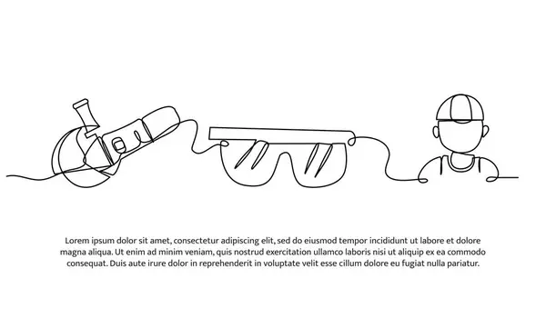 Ahşap kesimindeki işçi güvenliğinin kesintisiz dizaynı. Beyaz üzerine çizilmiş tek çizgi dekoratif ögesi.