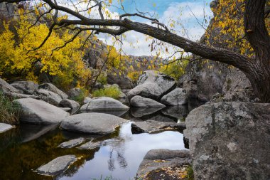Ukrayna 'nın Aktove köyündeki Mertvovod Nehri' nin yatağında granit bir kanyon. Sonbahar manzarasında renkli ağaç yaprakları, yaprakların dökülme renkleri..