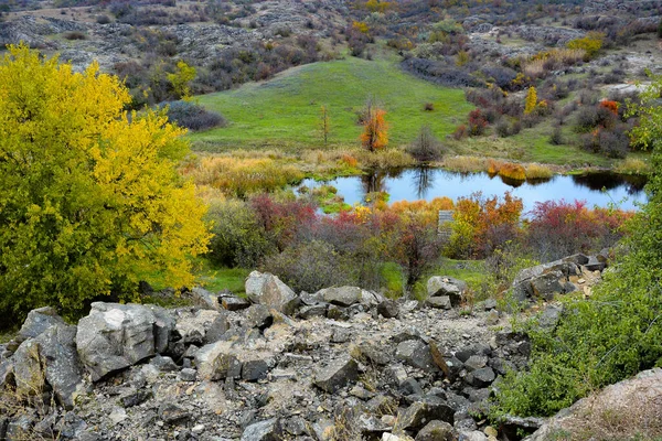 乌克兰Aktove村Mertvovod河床上的花岗岩峡谷 五彩缤纷的树叶在秋天的风景中 叶色飘落 — 图库照片