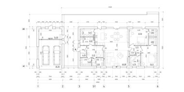 Architectural plan of a one-story manor house with a large terrace. The layout of an individual one-story house with a garage, two bedrooms, a kitchen, a living room, two bathrooms, dressing rooms, storage rooms and utility rooms.