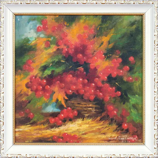 Oil painting autumn bouquet with red berries in frame. Painting still life.