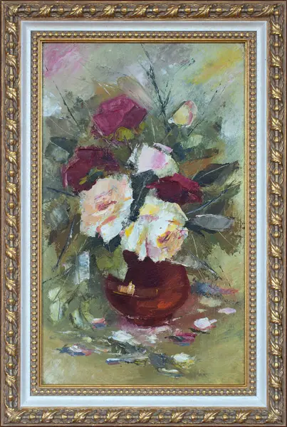 Oil painting bouquet of roses in frame. Painting still life of flowers in a vase.