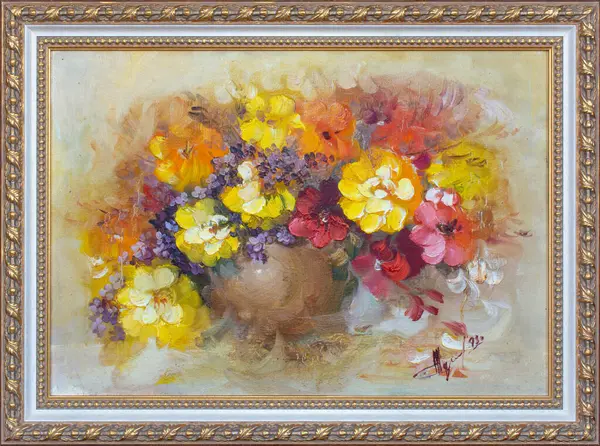 Picture of a bouquet of summer flowers in a vase. Oil painting still life. Fine art, painting flowers.