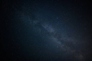 Gece yıldızlı gökyüzü ve Samanyolu Galaksisi. Yıldızlar ve galaksiler, gece gökyüzü manzarası. Dipsiz koyu mavi yıldızlı gökyüzü.