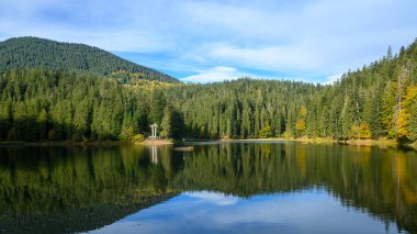 Dağ Gölü Synevir, Ukrayna. Sonbahar gününe kadar Synevir yüksek irtifa gölü manzarası. Yaprak düşer ormanlara, göle ve dağlara.