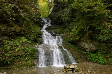 Şelale Seredniy Huk, Sonbahar ormanlarında Velykyi Roztoky 'de Bukovynski şelaleleri. Carpathian Dağları, Chernivtsi oblast, Ukrayna.