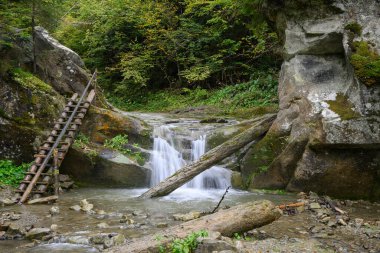 Vorota Şelalesi, Sonbahar Ormanı 'nda Velykyi Roztoky' de Bukovynski şelaleleri. Carpathian Dağları, Chernivtsi oblast, Ukrayna.