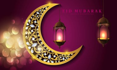 Mor arkaplanda ay ve yıldızlar olan bayram mübarek tebrik kartı