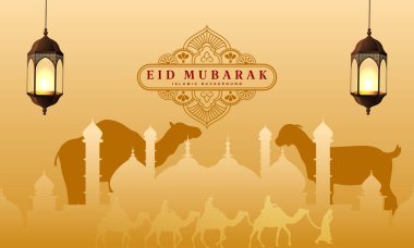 Mübarek bayram tebrik kartı, içinde fenerler, Arapça, İslam camisi, bayram - al-adha Mübarek.