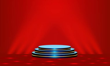 Ürün için kopya alanı olan mavi yuvarlak podyum arkaplanı.