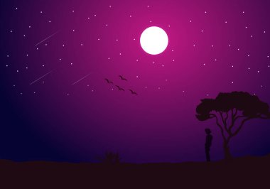 Bir adamın silueti ve gece gökyüzünde bir ağaç, dolunay ve yıldızların arka planı. 10 vektör.