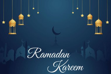Ramazan Kareem İslami geçmişi Altın fenerler ve camii ile. Vektör İllüstrasyonu